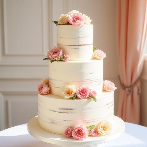 An elegant multi-layered wedding cake with delicate floral decorations.